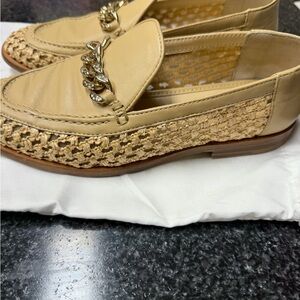 Jimmy Choo Beige Braided-Trim Loafers with Gold Chain